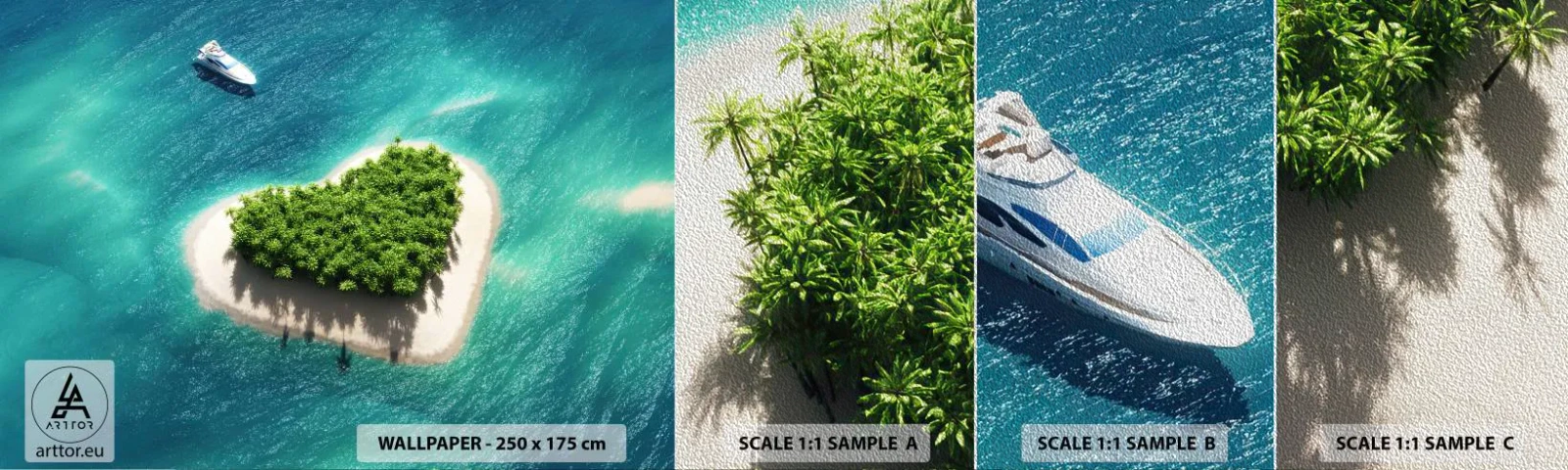 Fotobehang Monster Premium Sand - Ik hou van de zomer - Landschap, Eiland In De Oceaan, Jacht - 100x30 cm