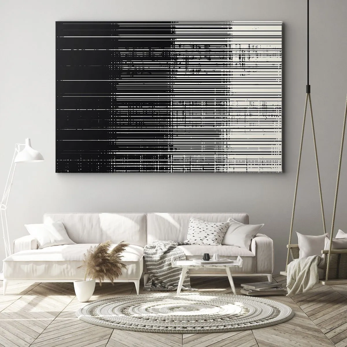 Schilderen op canvas - Abstracte compositie van lijnen in contrasterend zwart en wit - 70x50cm - Golven en vibraties - Moderne wanddecoratie voor woonkamer en slaapkamer ARTTOR