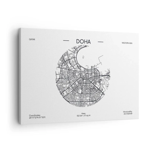 Schilderen op canvas - Een minimalistische kaart van Doha in zwart-wit met nauwkeurige details. - 70x50cm - Anatomie van Doha - Moderne wanddecoratie voor woonkamer en slaapkamer ARTTOR