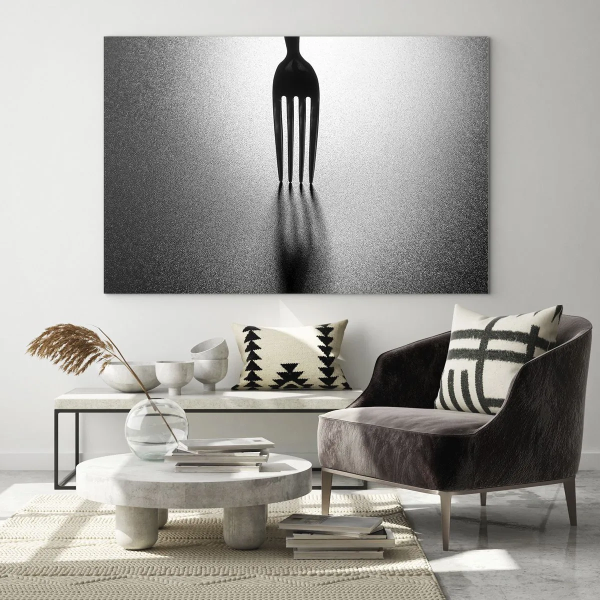Schilderen op glas - Een vork werpt een schaduw in een minimalistische zwart-witcompositie - 70x50cm - Licht en schaduw - Moderne wanddecoratie voor woonkamer en slaapkamer ARTTOR