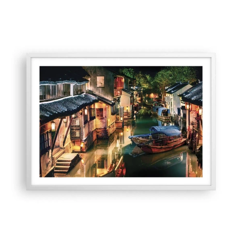 Poster in een witte lijst - Een avond op een Chinese straat - 70x50 cm