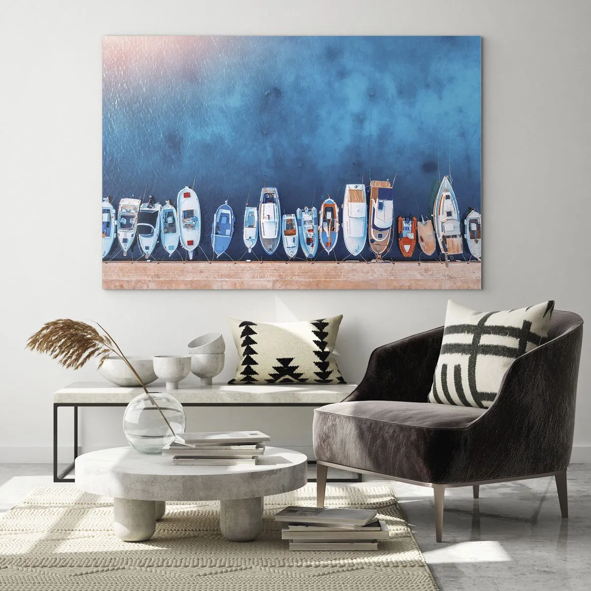 Schilderen op glas - Boten aangemeerd aan de kust, gezien vanuit vogelperspectief - 70x50cm - In één rij - Moderne wanddecoratie voor woonkamer en slaapkamer ARTTOR