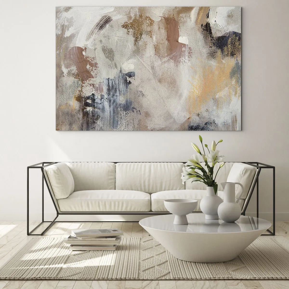 Schilderen op glas - Beige en bruine abstracte compositie in een wazige stijl - 70x50cm - Mistige abstractie - Moderne wanddecoratie voor woonkamer en slaapkamer ARTTOR