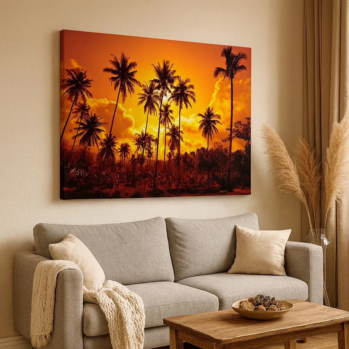 Schilderen op canvas - Palmbomen tegen een gouden lucht tijdens een tropische zonsondergang - 70x50cm - Bergen staan