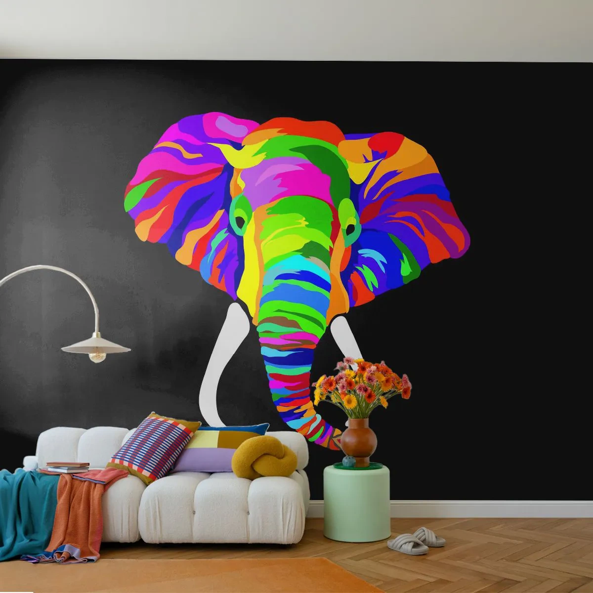 Fotobehang Premium Canvas - De olifant die ervan hield om in de regenboog te baden - Dieren, Olifant, Kleurrijk beeld - 400x280 cm