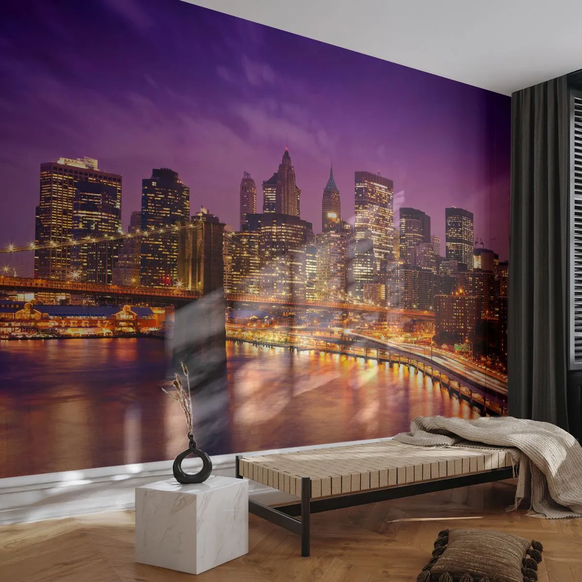 Fotobehang Premium Canvas - Violet-goud Manhattan - Stad, New York, Architectuur - 250x175 cm