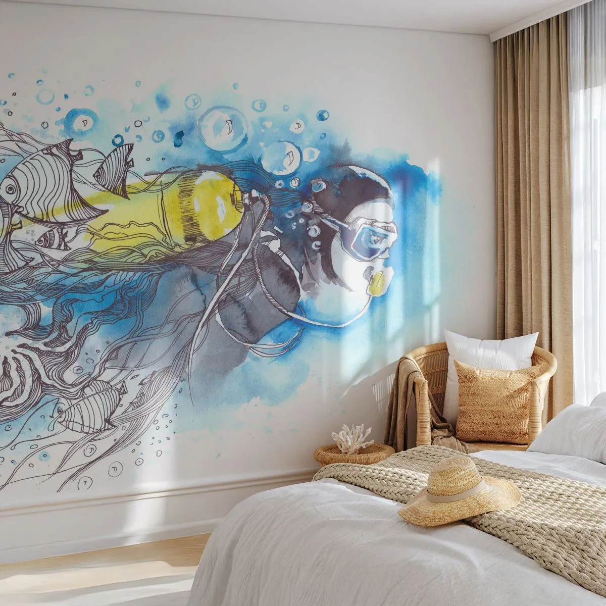 Fotobehang Standard Eco - Geweldig blauw - Duiken, Vis, Sport - 200x140 cm