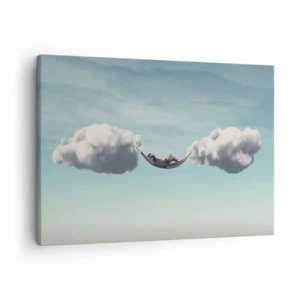 Schilderen op canvas - Een persoon die ontspant in een hangmat die in de wolken hangt - 70x50cm - Het geluk van het moment - Moderne wanddecoratie voor woonkamer en slaapkamer ARTTOR