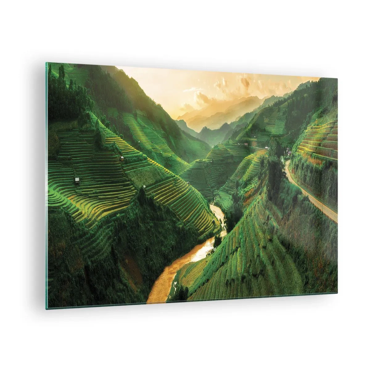 Schilderen op glas - Pittoreske rijstterrassen in de vallei bij zonsondergang - 70x50cm - Vietnamese vallei - Moderne wanddecoratie voor woonkamer en slaapkamer ARTTOR