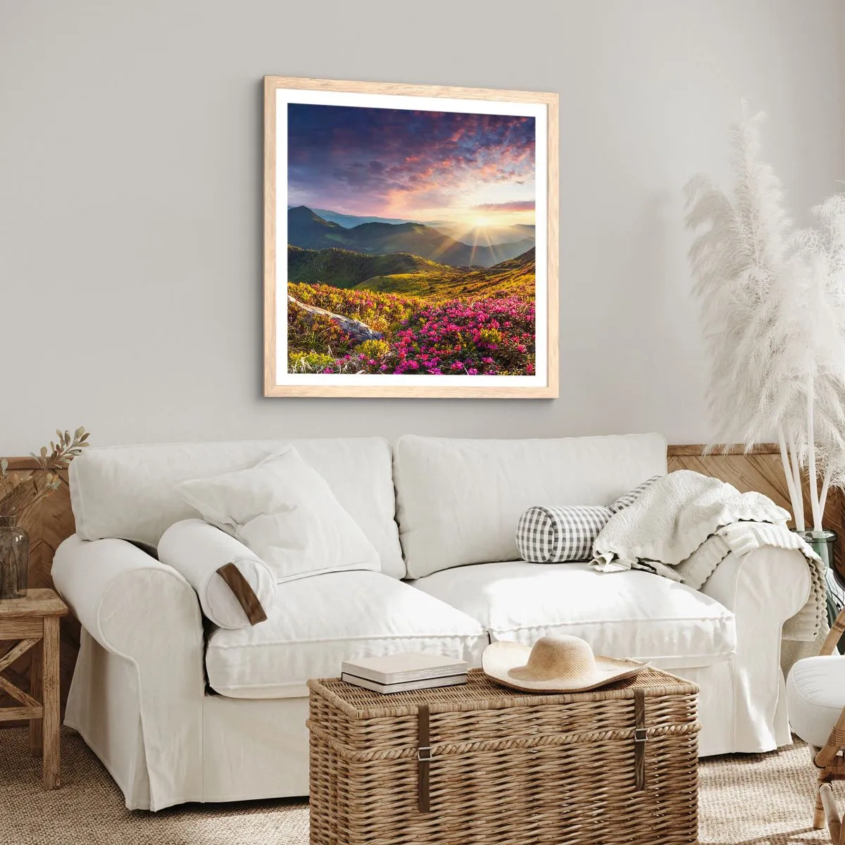 Een poster in een licht eiken lijst - Frisheid in de ochtend in de bergen - 40x40 cm