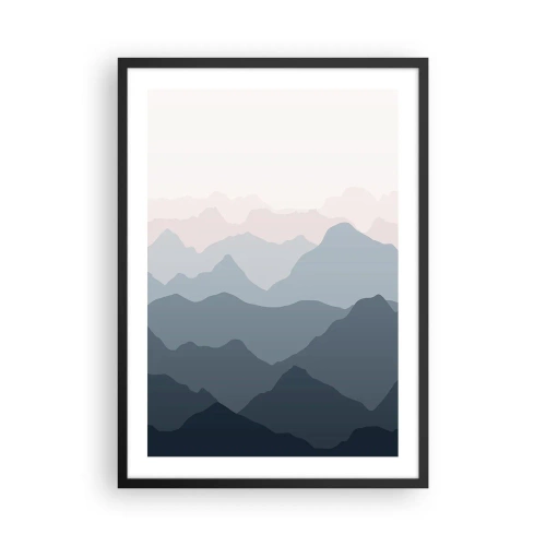 Poster in een zwarte lijst - Gelaagde bergketens in tinten blauw en grijs - 50x70cm - Golven van de bergen - Moderne wanddecoratie voor woonkamer en slaapkamer ARTTOR