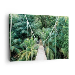 Schilderen op canvas - Een hangbrug in een tropische jungle vol groen - 70x50cm - Welkom in de jungle! - Moderne wanddecoratie voor woonkamer en slaapkamer ARTTOR