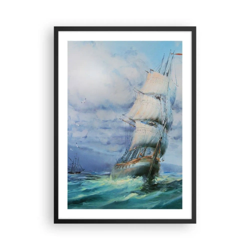 Poster in een zwarte lijst - Een zeilschip op een stormachtige zee in aquarel - 50x70cm - Goede wind - Moderne wanddecoratie voor woonkamer en slaapkamer ARTTOR