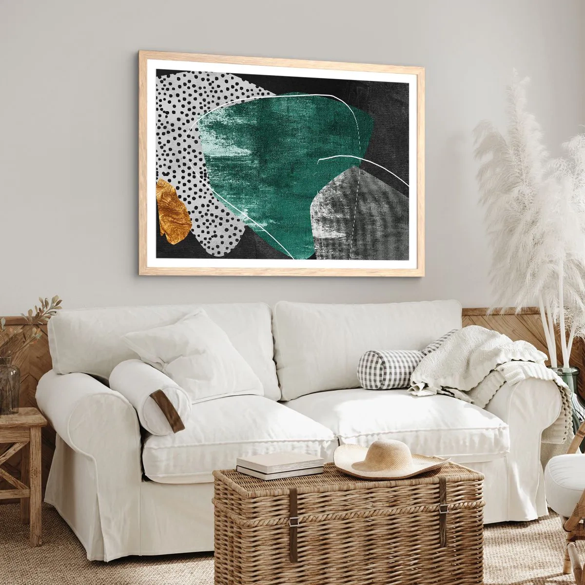 Een poster in een licht eiken lijst - Kleurrijke abstractie met bladgoud - 100x70 cm