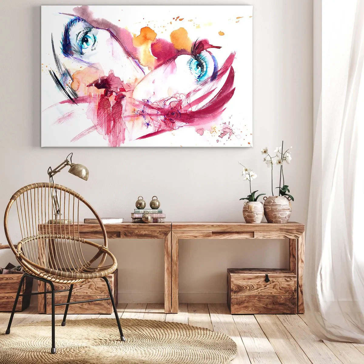 Schilderen op canvas - Een abstract gezicht met expressieve ogen en rode accenten. - 70x50cm - De wereld gedijt in nabijheid - Moderne wanddecoratie voor woonkamer en slaapkamer ARTTOR