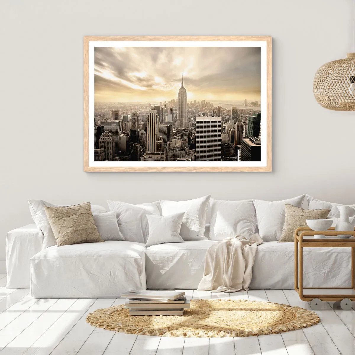 Een poster in een licht eiken lijst - New York geweven van grijs - 50x40 cm