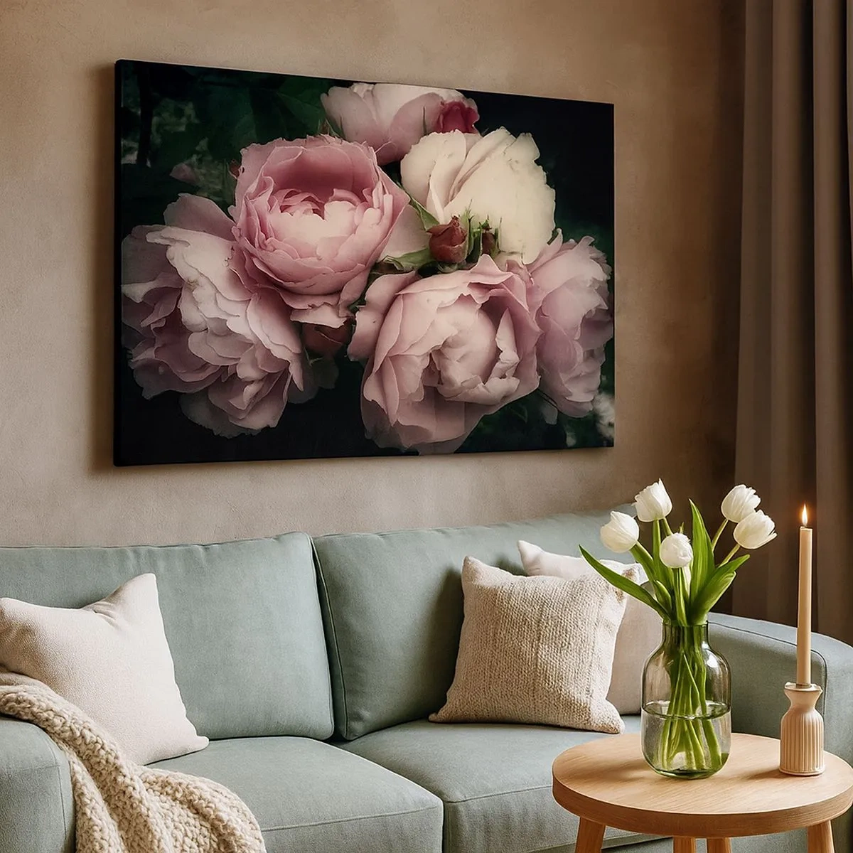 Schilderen op canvas - Een boeket rozen in delicate tinten roze en wit - 70x50cm - De charme van belle epoque - Moderne wanddecoratie voor woonkamer en slaapkamer ARTTOR