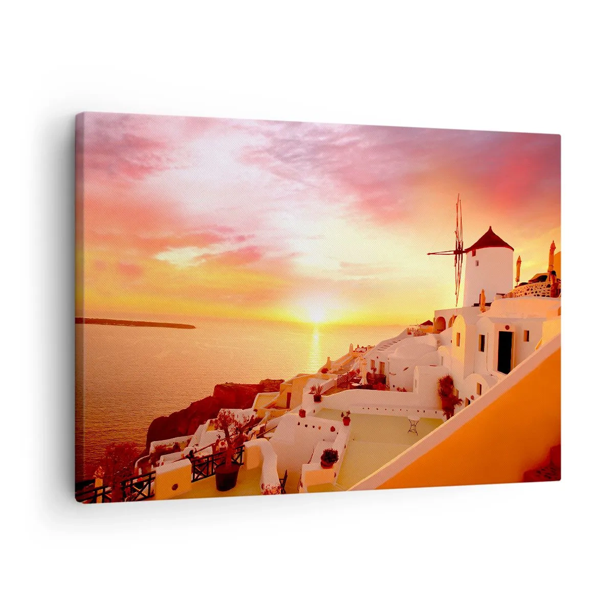 Schilderen op canvas - Santorini bij zonsondergang met een windmolen - 70x50cm - Spreiden in wit en goud - Moderne wanddecoratie voor woonkamer en slaapkamer ARTTOR