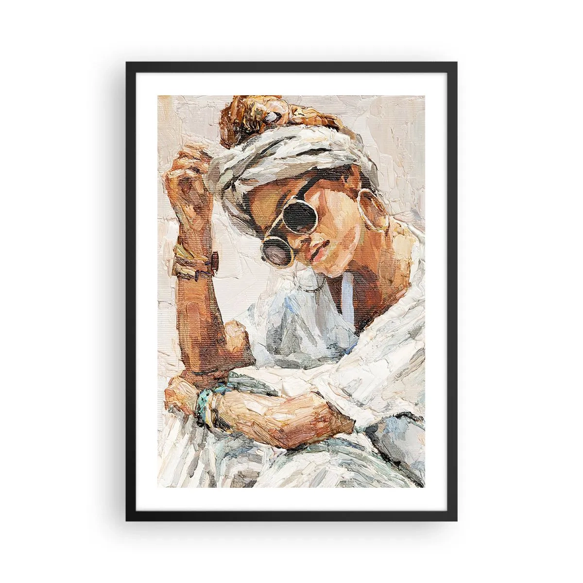Poster in een zwarte lijst - Portret van een vrouw met een bril en een tulband in impressionistische stijl - 50x70cm - Portret in de volle zon - Moderne wanddecoratie voor woonkamer en slaapkamer ARTTOR