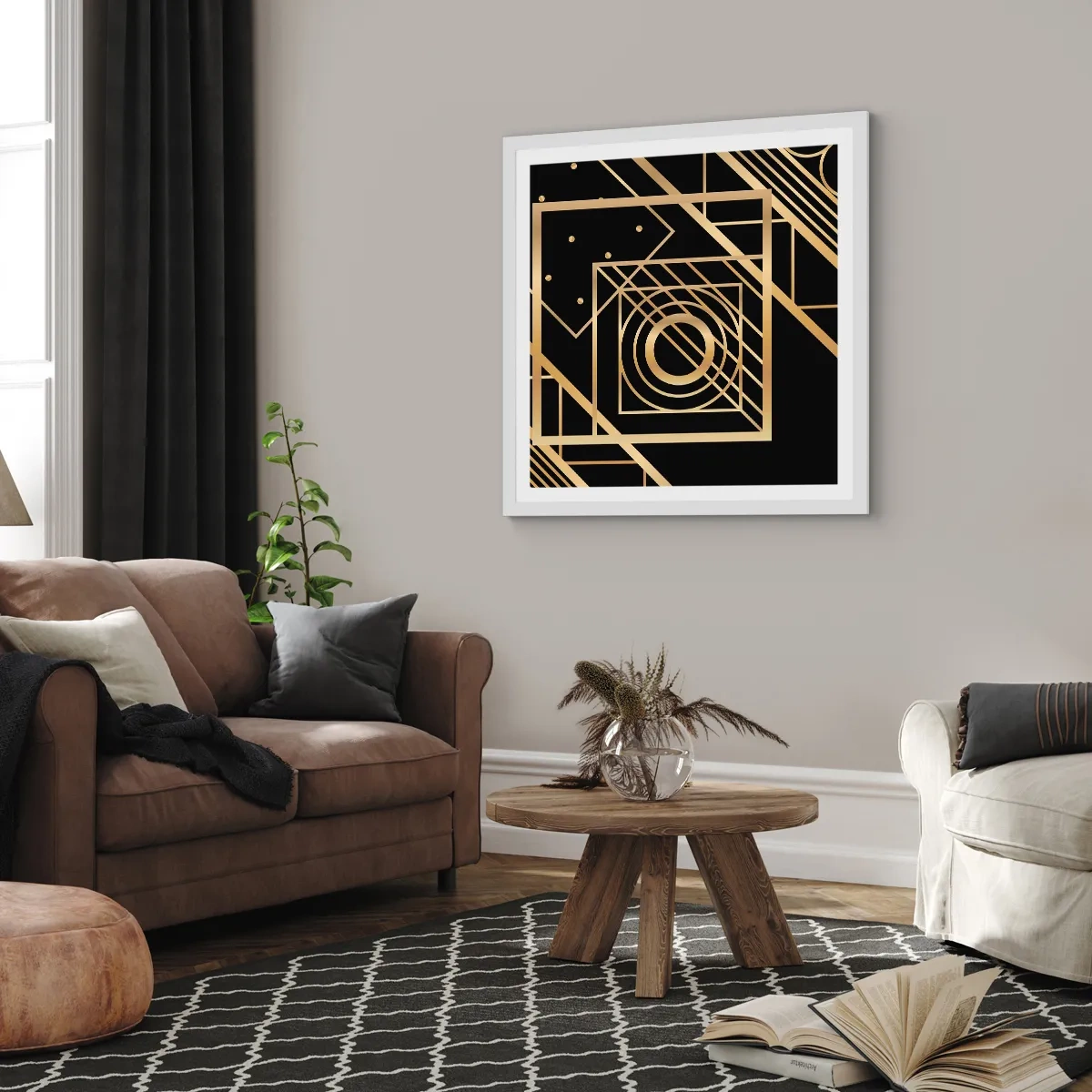Poster in een witte lijst - Gouden geometrie - 50x50 cm