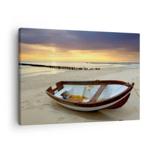 Schilderen op canvas - Een boot op een zandstrand bij zonsondergang - 70x50cm - Er zijn geen mooiere stranden meer - Moderne wanddecoratie voor woonkamer en slaapkamer ARTTOR