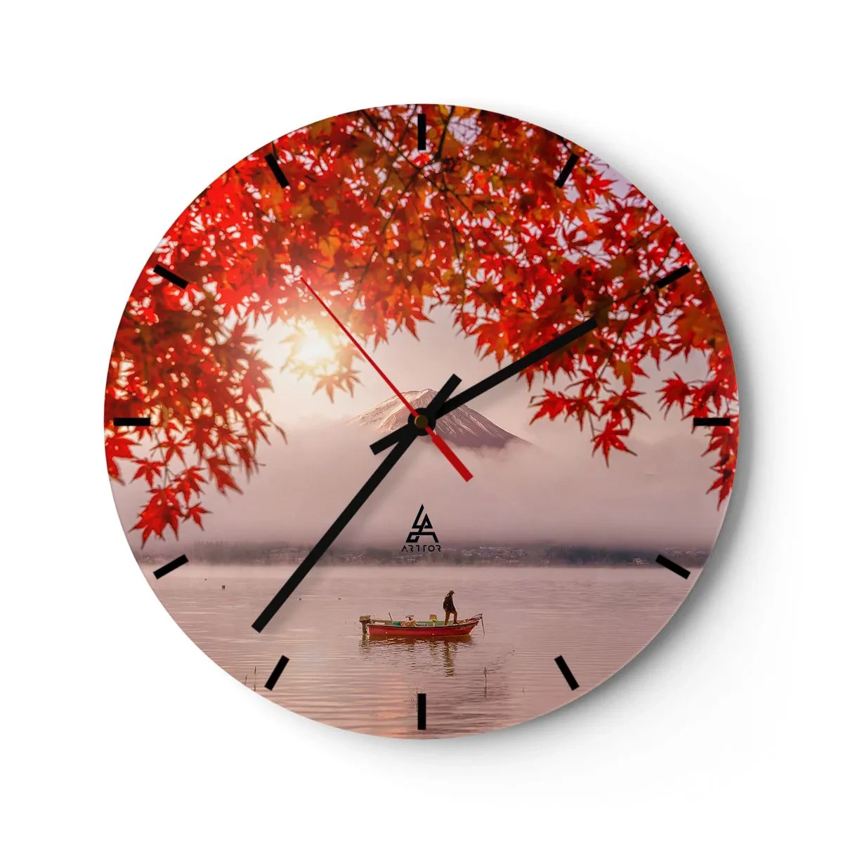 Wandklok - Klok - Herfstbladeren met de berg Fuji op de achtergrond en een boot op een meer - 30x30cm - In het Japanse klimaat - Moderne wanddecoratie voor woonkamer, keuken en slaapkamer ARTTOR