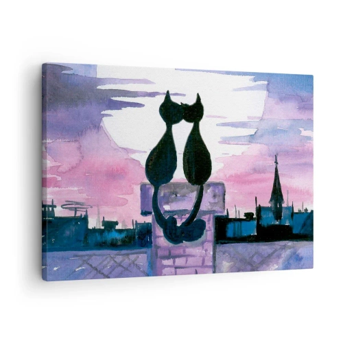 Schilderen op canvas - Zwarte katten op een dak in het maanlicht in een aquarelsetting - 70x50cm - Afspraak onder de maan - Moderne wanddecoratie voor woonkamer en slaapkamer ARTTOR