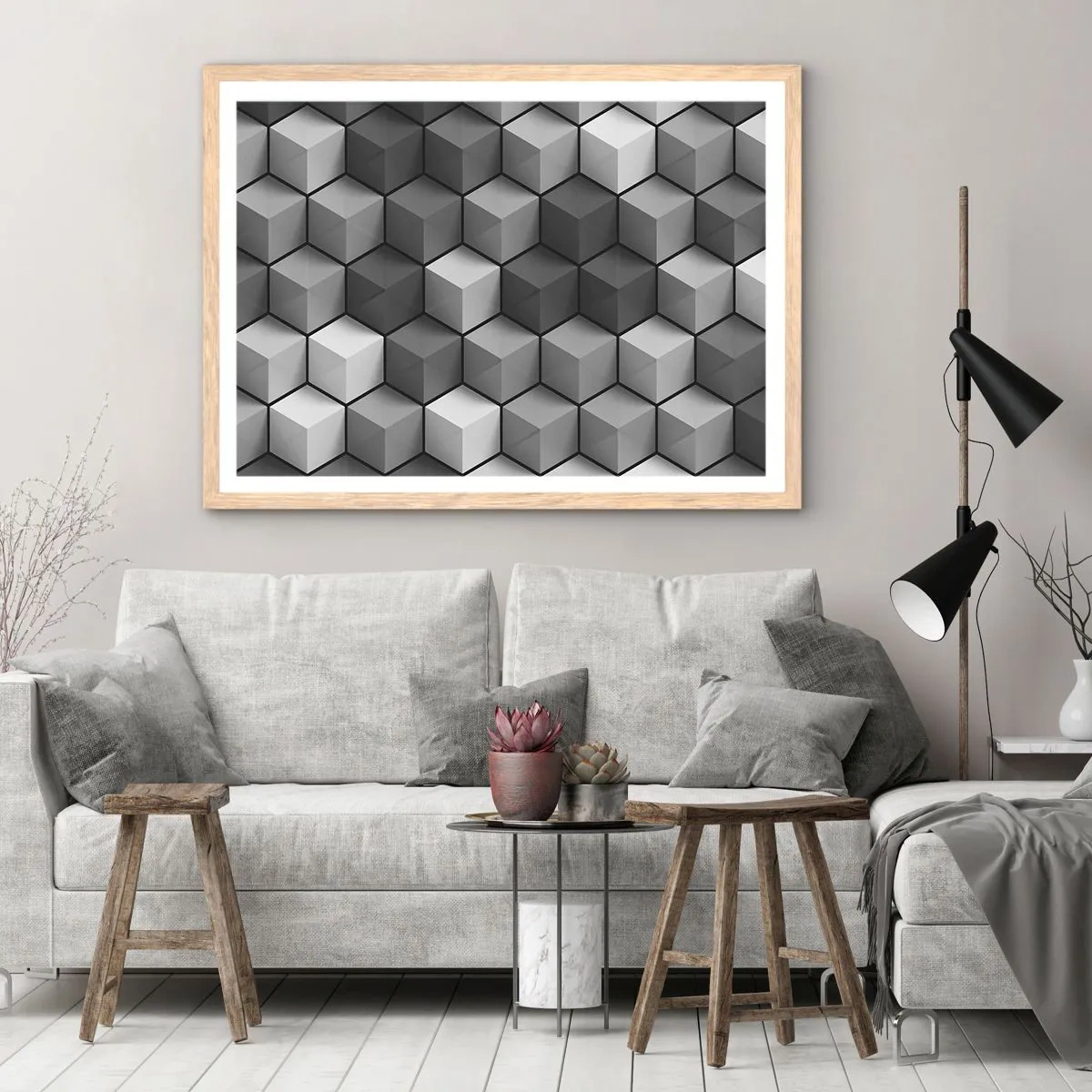 Een poster in een licht eiken lijst - Kubistische puzzel - 70x50 cm