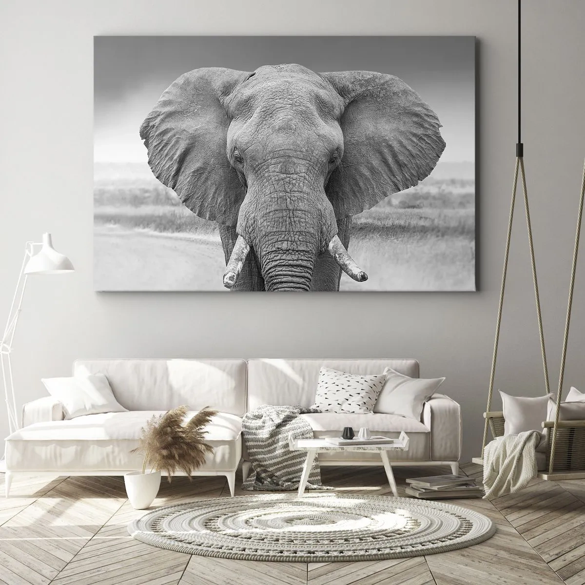 Schilderen op canvas - Portret van een olifant in zwart-wit - 70x50cm - Welkom in mijn wereld - Moderne wanddecoratie voor woonkamer en slaapkamer ARTTOR