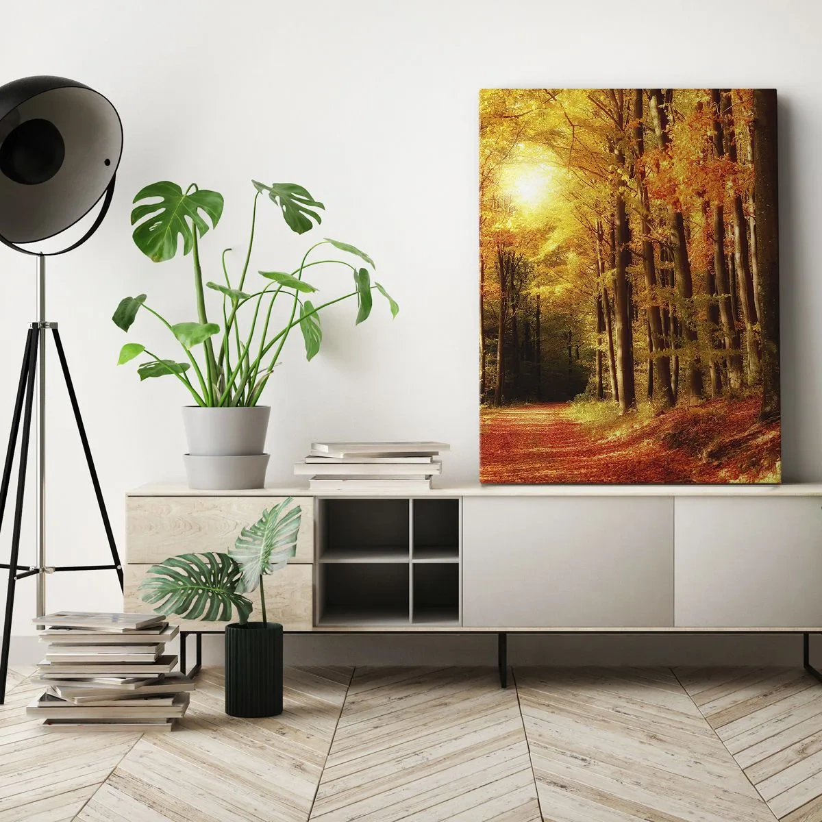 Schilderen op canvas - Gouden herfst op een bosweg - 55x100 cm