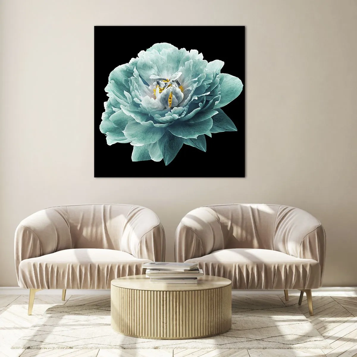 Schilderen op glas - Blauwe en gouden bloemblaadjes - 70x70 cm