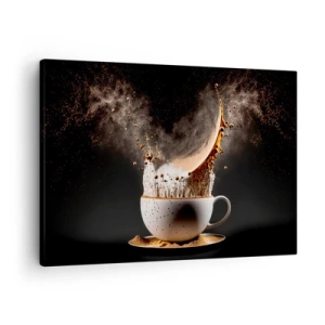 Schilderen op canvas - Een kopje koffie met een dynamische explosie van vloeistof op een zwarte achtergrond. - 70x50cm - Een explosie van smaak - Moderne wanddecoratie voor woonkamer en slaapkamer ARTTOR