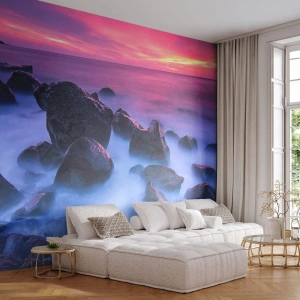 Fotobehang Premium Canvas - Geboorte in licht en mist - Landschap, Oceaan, Zonsondergang - 100x70 cm