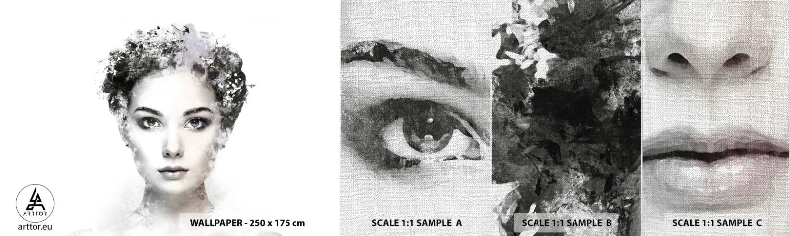 Fotobehang Monster Premium Canvas - Een uiterst stijlvol portret - Het gezicht van de vrouw, Vrouw, Abstractie - 100x30 cm