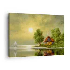 Schilderen op canvas - Huis aan het meer in het licht van de zonsondergang - 70x50cm - Mooi, als een foto - Moderne wanddecoratie voor woonkamer en slaapkamer ARTTOR