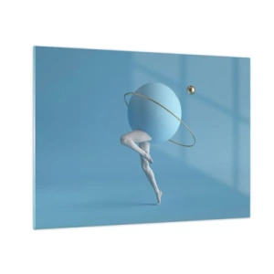 Schilderen op glas - Een minimalistische compositie van een planeet met menselijke benen op blauw. - 70x50cm - En de planeten zijn gek geworden - Moderne wanddecoratie voor woonkamer en slaapkamer ARTTOR