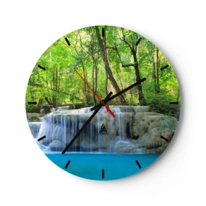 Wandklok - Klok - Een waterval omgeven door groen bos en turquoise water - 30x30cm - Verdrinken in turkoois en groen - Moderne wanddecoratie voor woonkamer, keuken en slaapkamer ARTTOR