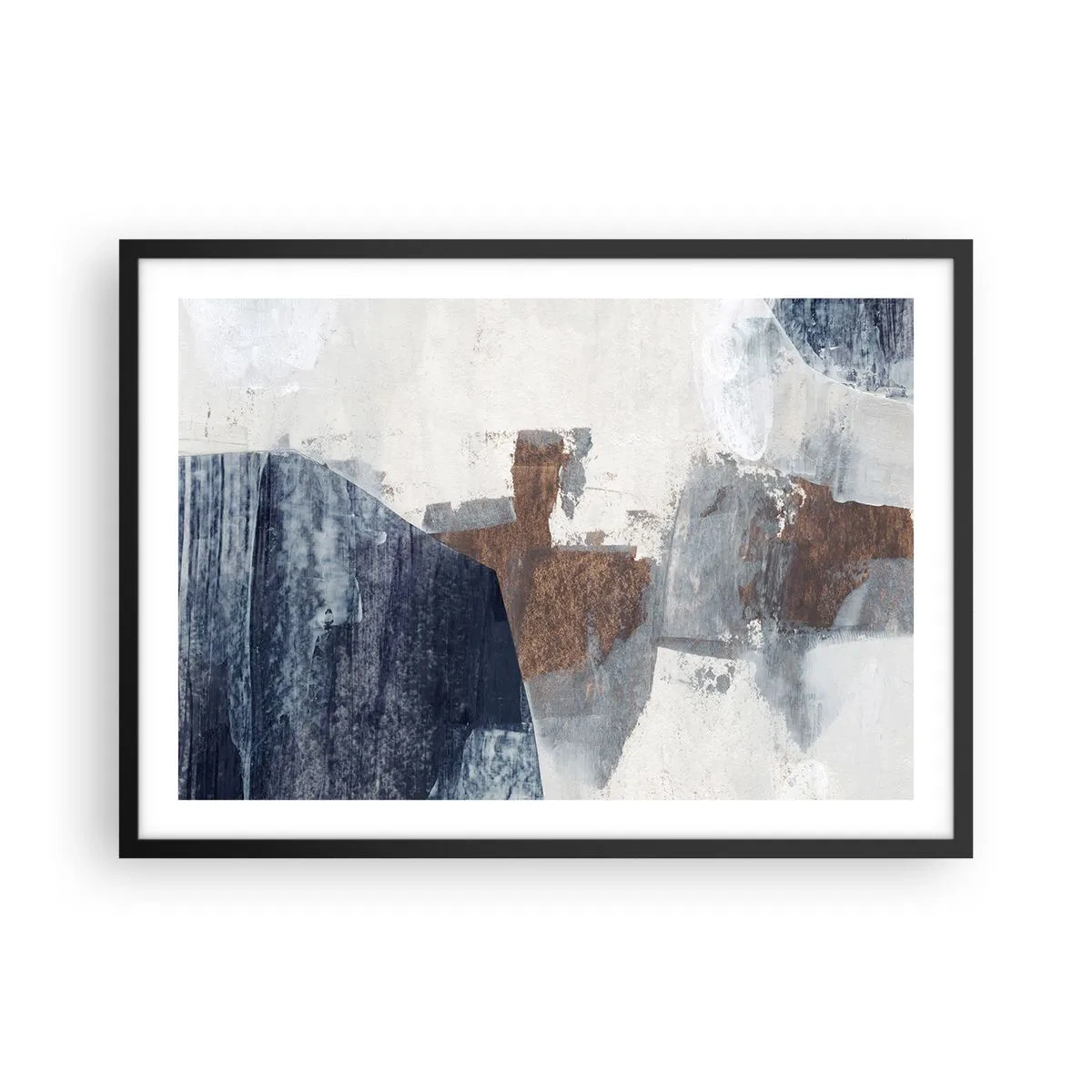 Poster in een zwarte lijst - Blauwe en bruine vormen - 70x50 cm