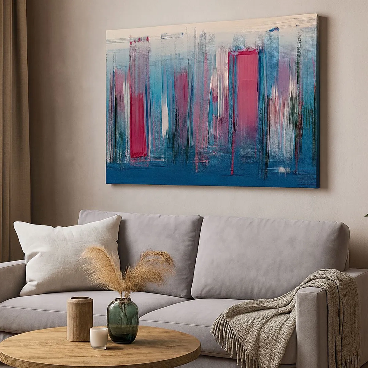 Schilderen op canvas - Abstracte verticale vormen in tinten blauw en rood - 70x50cm - Verticale compositie in blauw en rood - Moderne wanddecoratie voor woonkamer en slaapkamer ARTTOR