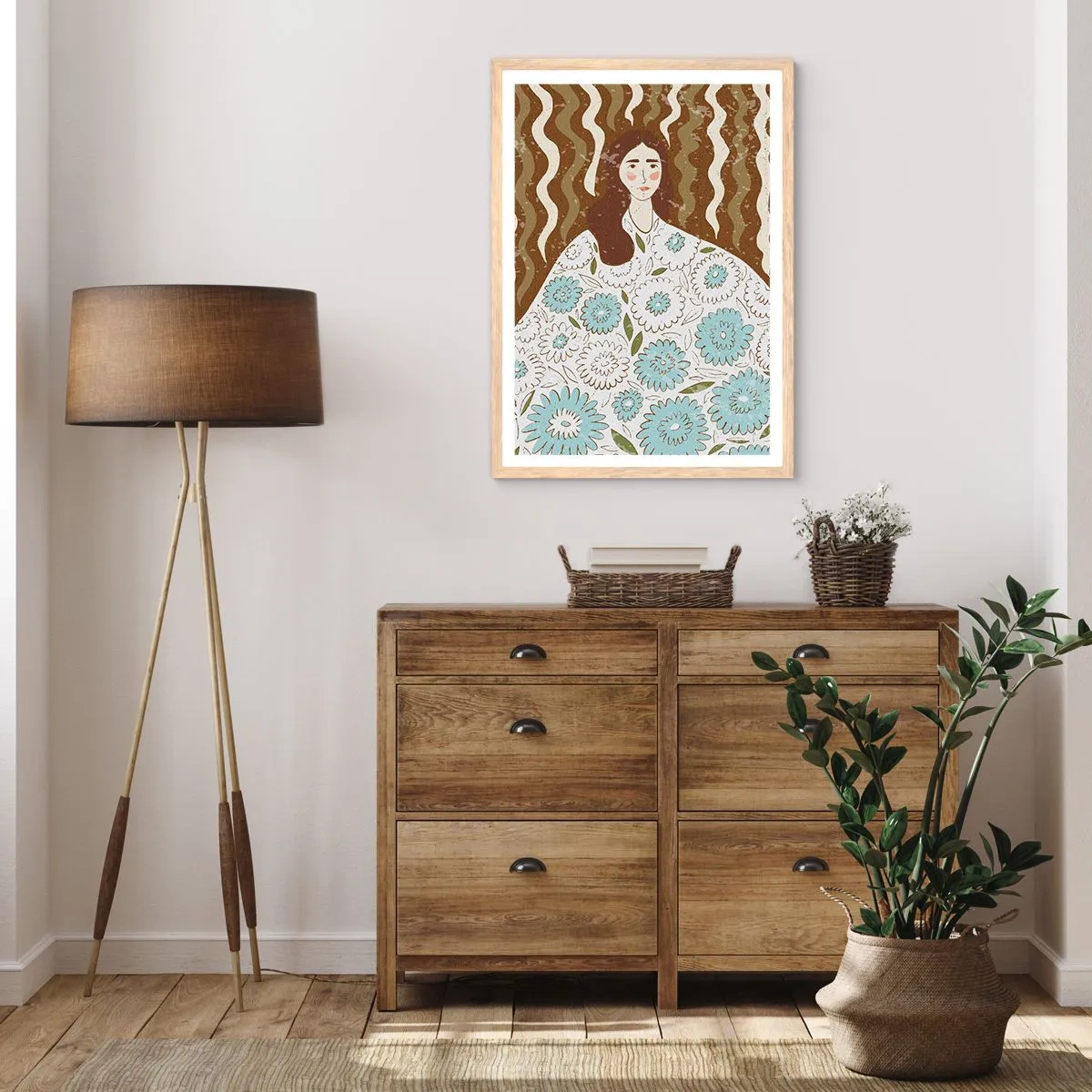 Een poster in een licht eiken lijst - Portret in een bloemengewaad - 40x50 cm