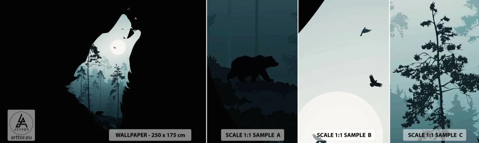 Fotobehang Monster Zelfklevend Deluxe Sticker - De stem van de bosnacht - Abstractie, Beer, Grot - 100x30 cm