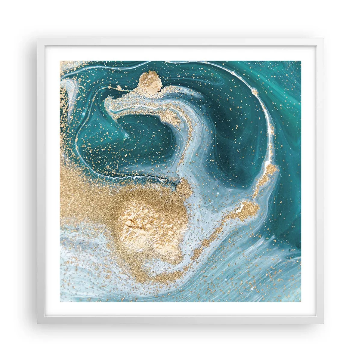 Poster in een witte lijst - Een werveling van goud en turkoois - 60x60 cm