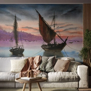 Fotobehang Premium Sand - Avond in de haven - Zeilboten, Kust, Landschap - 100x70 cm