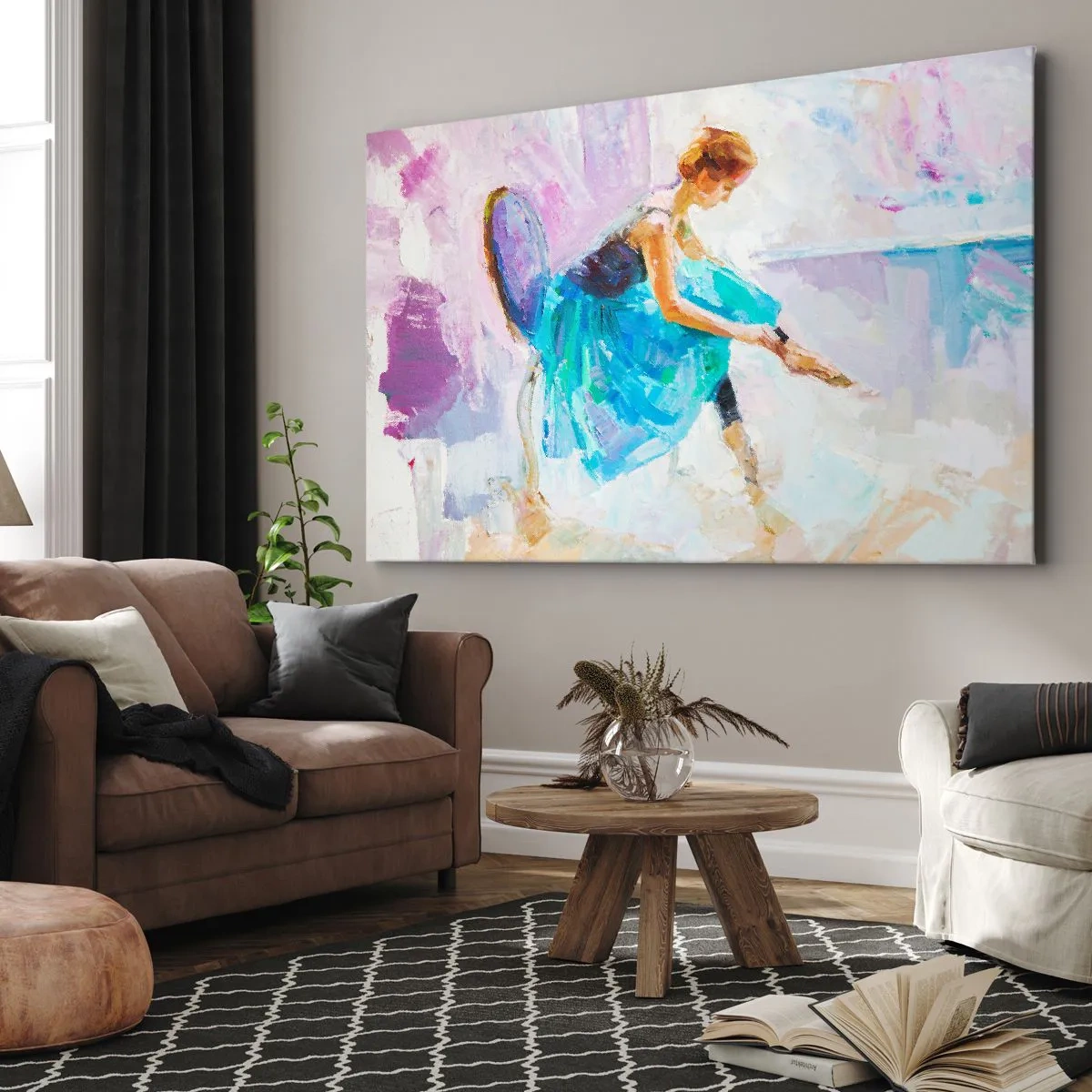 Schilderen op canvas - Een ballerina maakt zich klaar om te dansen in pasteltinten. - 70x50cm - Onuitsprekelijke gratie, subtiele charme - Moderne wanddecoratie voor woonkamer en slaapkamer ARTTOR