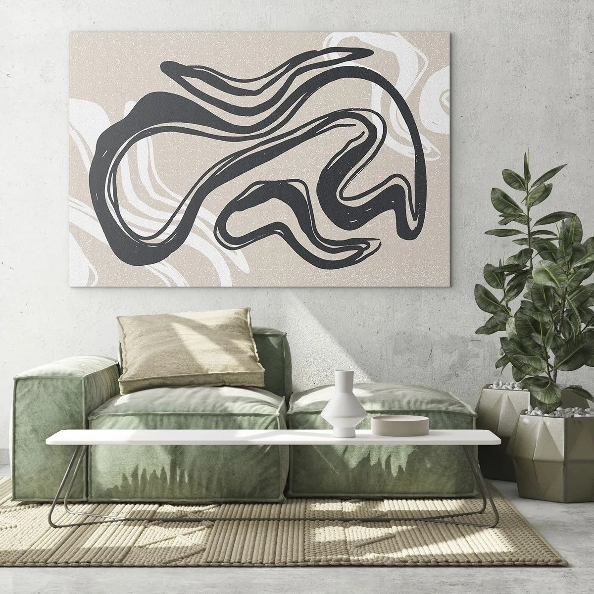 Schilderen op glas - Expressieve zwarte lijn op een beige achtergrond in een abstracte stijl. - 70x50cm - Expressie vermenigvuldigd - Moderne wanddecoratie voor woonkamer en slaapkamer ARTTOR