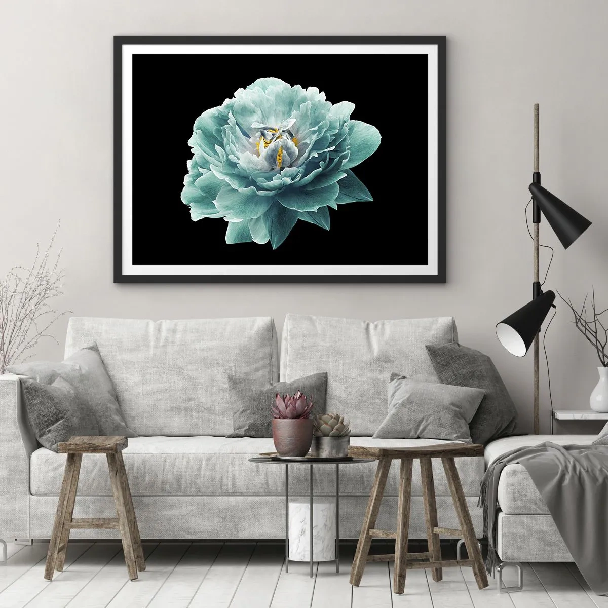 Poster in een zwarte lijst - Blauwe en gouden bloemblaadjes - 100x70 cm
