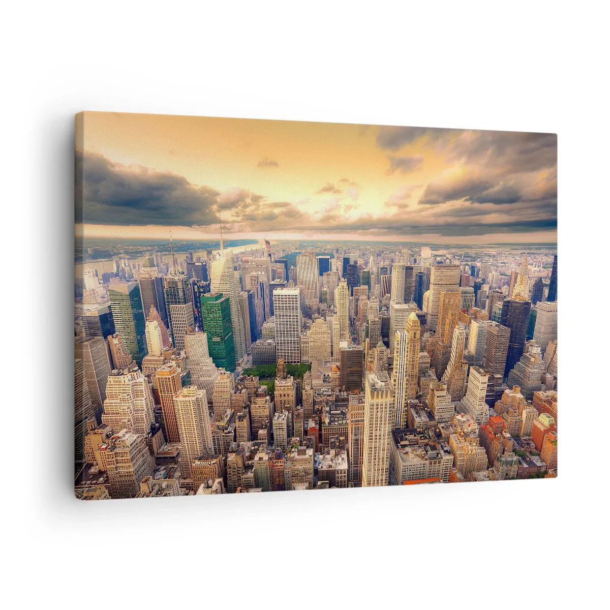 Schilderen op canvas - Stadspanorama met uitzicht op wolkenkrabbers bij zonsondergang - 70x50cm - Vergulde metropool - Moderne wanddecoratie voor woonkamer en slaapkamer ARTTOR