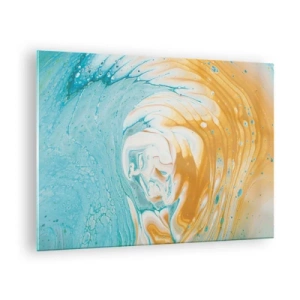 Schilderen op glas - Pastelwerveling in blauwe en gele kleuren - 70x50cm - Pastel werveling - Moderne wanddecoratie voor woonkamer en slaapkamer ARTTOR