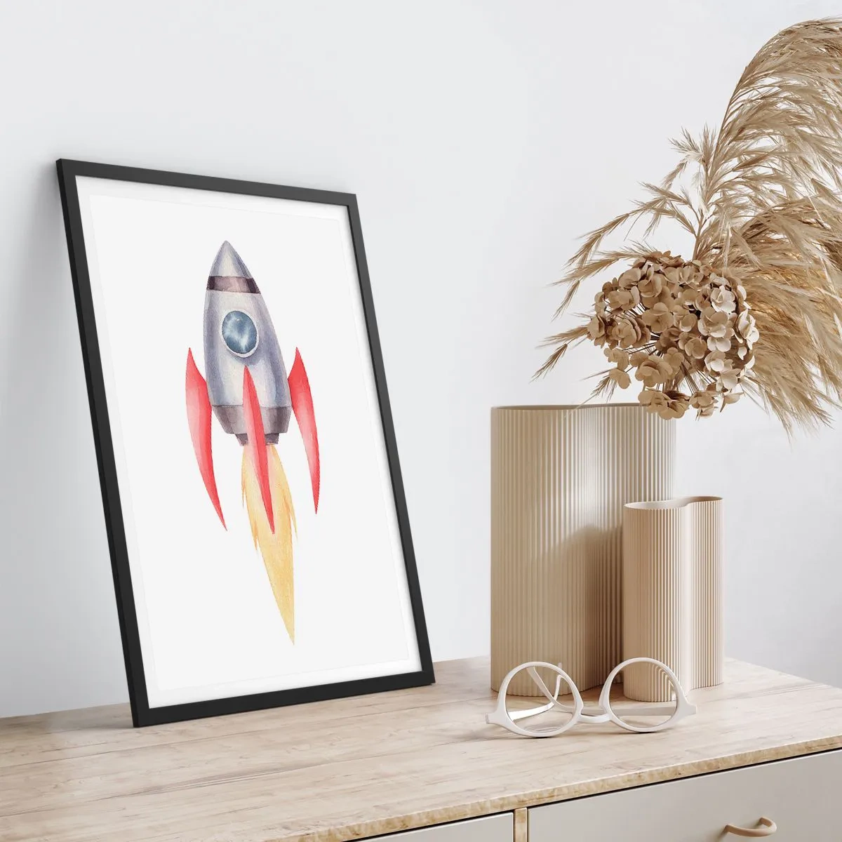 Poster in een zwarte lijst - Ruimteraket in aquarelstijl - 50x70cm - Hoger, sneller, verder - Moderne wanddecoratie voor woonkamer en slaapkamer ARTTOR