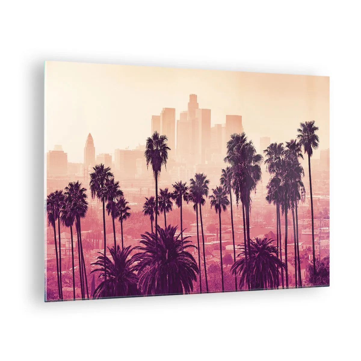 Schilderen op glas - Palmbomen tegen de achtergrond van de skyline van de stad in warme zonsondergangtinten - 70x50cm - Californisch landschap - Moderne wanddecoratie voor woonkamer en slaapkamer ARTTOR